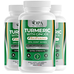 Three-pack of OPA Nutrition Turmeric with Ginger and BioPerine Joint Series supplement bottles for joint comfort and healthy inflammation support