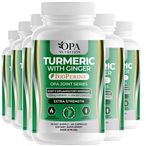 Six-pack of OPA Nutrition Turmeric with Ginger and BioPerine Joint Series supplement bottles for joint comfort and healthy inflammation support