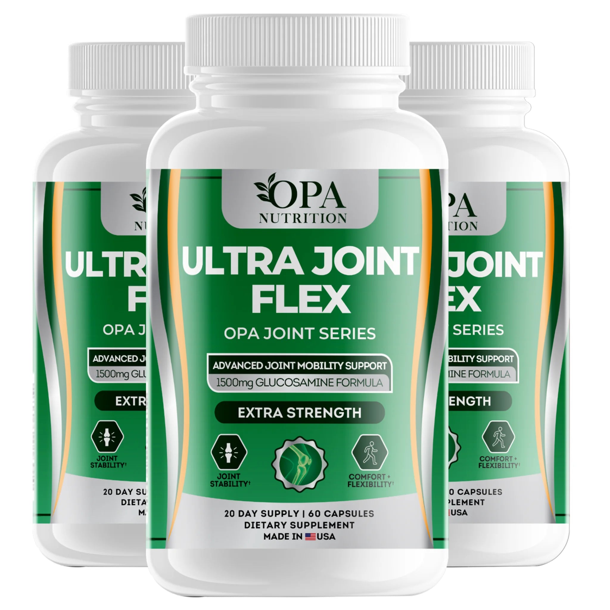 Three-pack of OPA Nutrition Ultra Joint Flex Joint Series bottles for daily joint mobility, stability, comfort and flexibility support