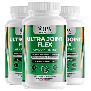 Three-pack of OPA Nutrition Ultra Joint Flex Joint Series bottles for daily joint mobility, stability, comfort and flexibility support
