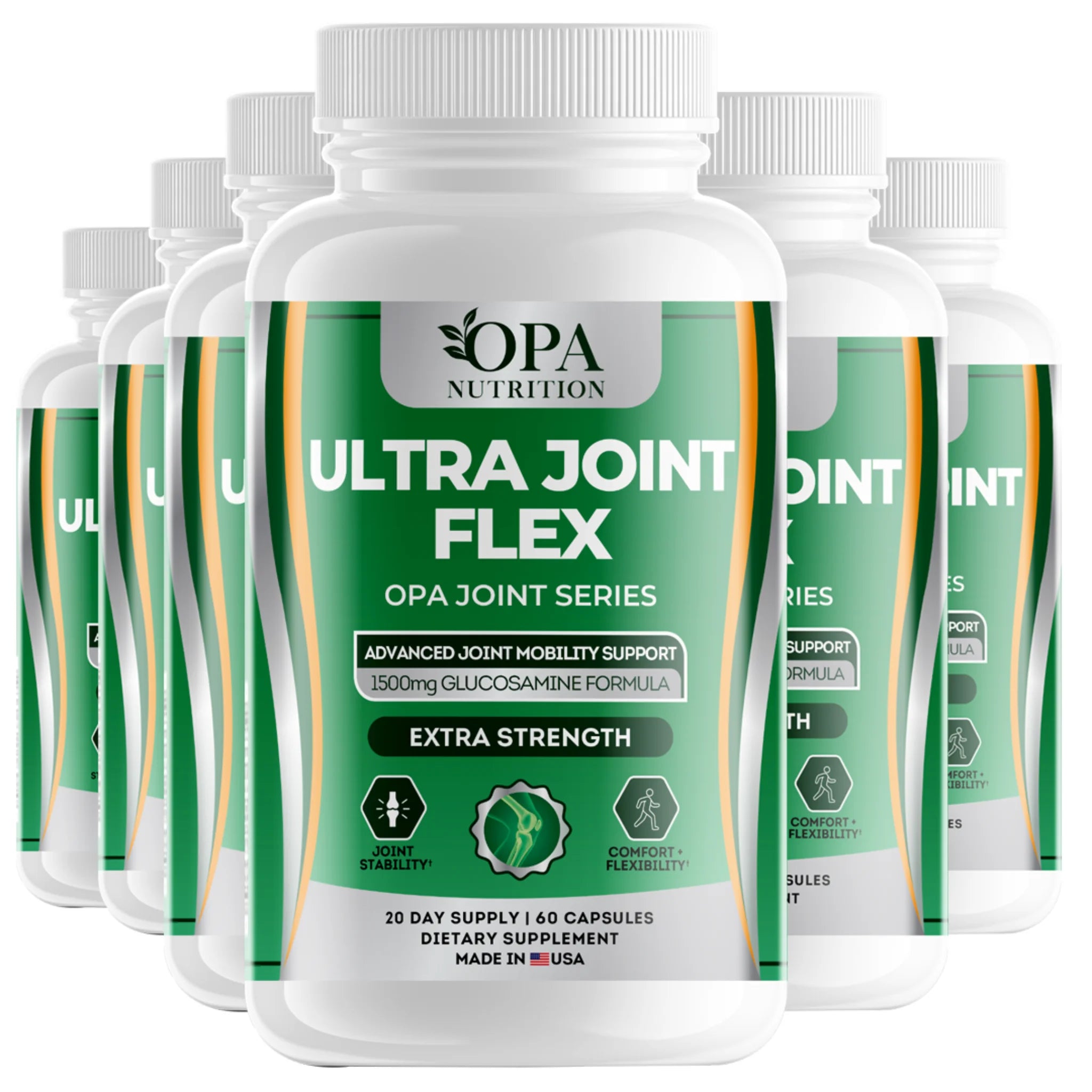 Six-pack of OPA Nutrition Ultra Joint Flex Joint Series bottles with 1500mg glucosamine formula for active joint support