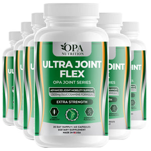 Six-pack of OPA Nutrition Ultra Joint Flex Joint Series bottles with 1500mg glucosamine formula for active joint support