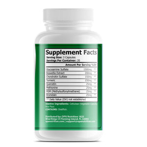 Supplement Facts label on OPA Nutrition Ultra Joint Flex showing glucosamine sulfate, boswellia extract, chondroitin sulfate, turmeric, quercetin, MSM and bromelain