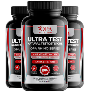 Three-pack of OPA Nutrition Ultra Test Rhino Series supplement bottles for men’s vitality stamina and active-lifestyle support