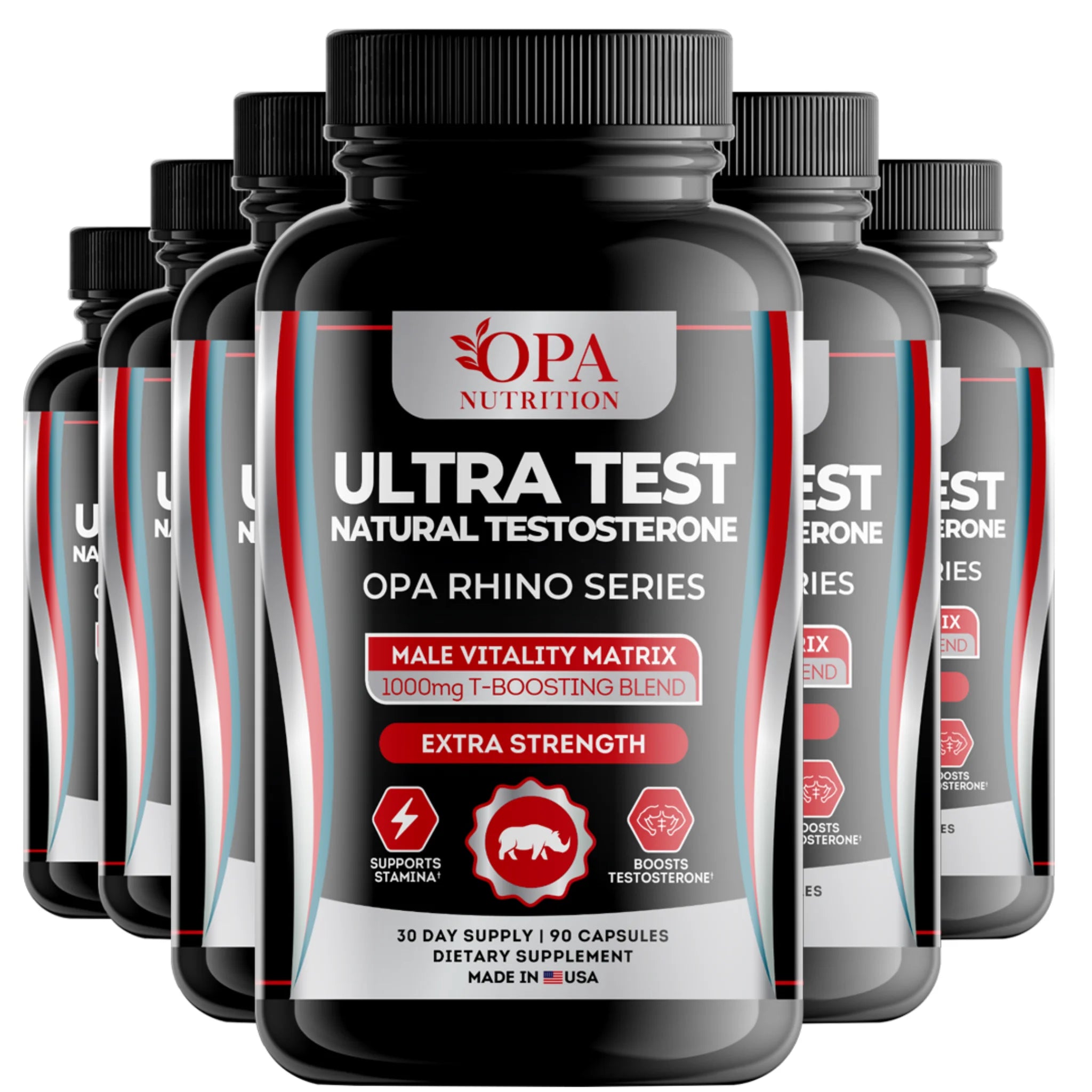 Six-pack of OPA Nutrition Ultra Test Rhino Series supplement bottles for men’s vitality stamina and active-lifestyle support