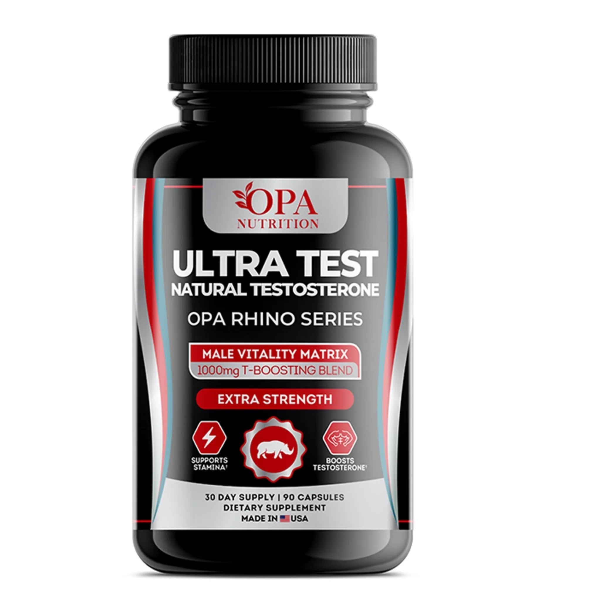OPA Nutrition Ultra Test Rhino Series supplement bottle with men’s vitality matrix
