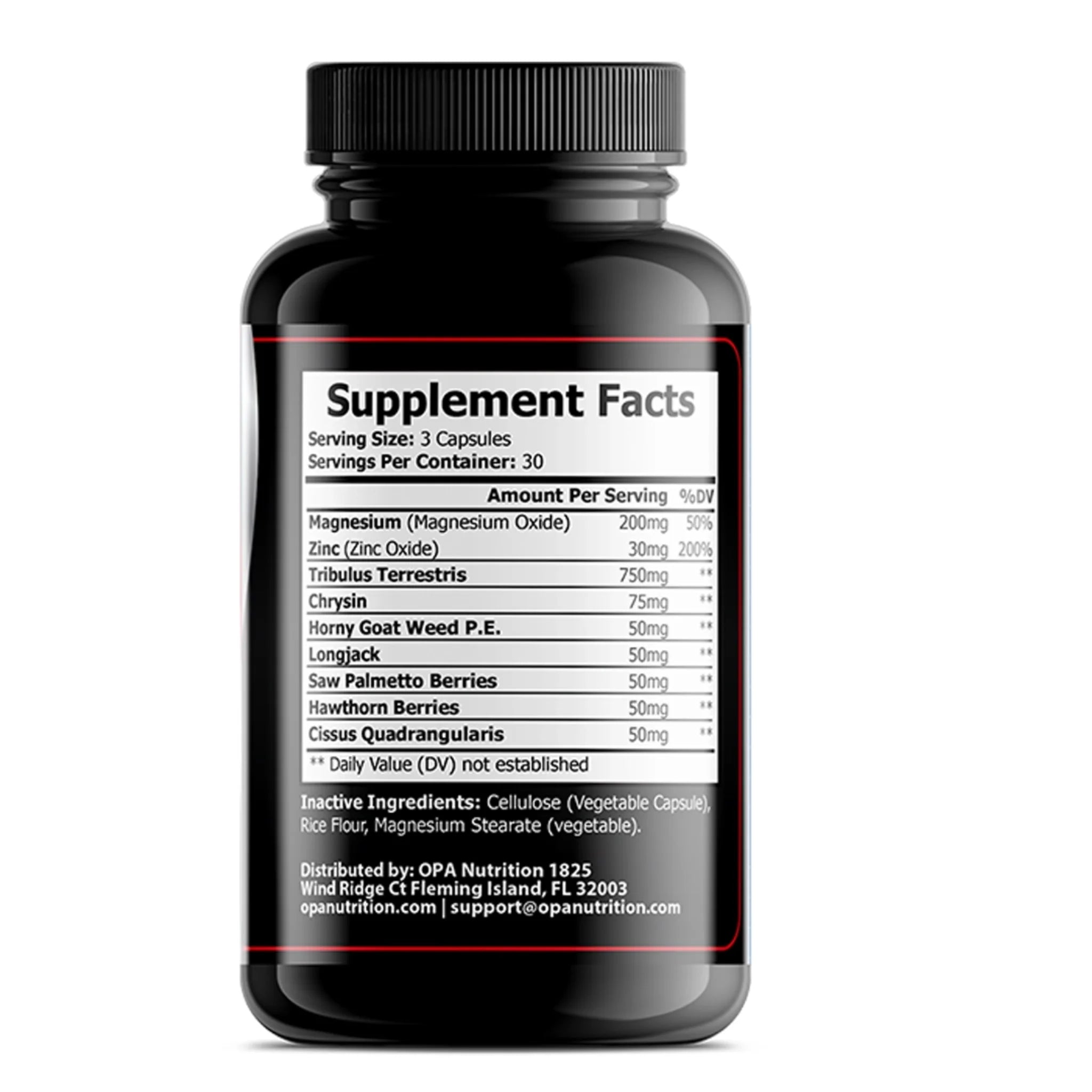 Supplement Facts label on OPA Nutrition Ultra Test Rhino Series men’s vitality supplement bottle