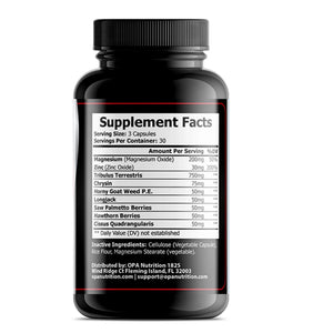 Supplement Facts label on OPA Nutrition Ultra Test Rhino Series men’s vitality supplement bottle