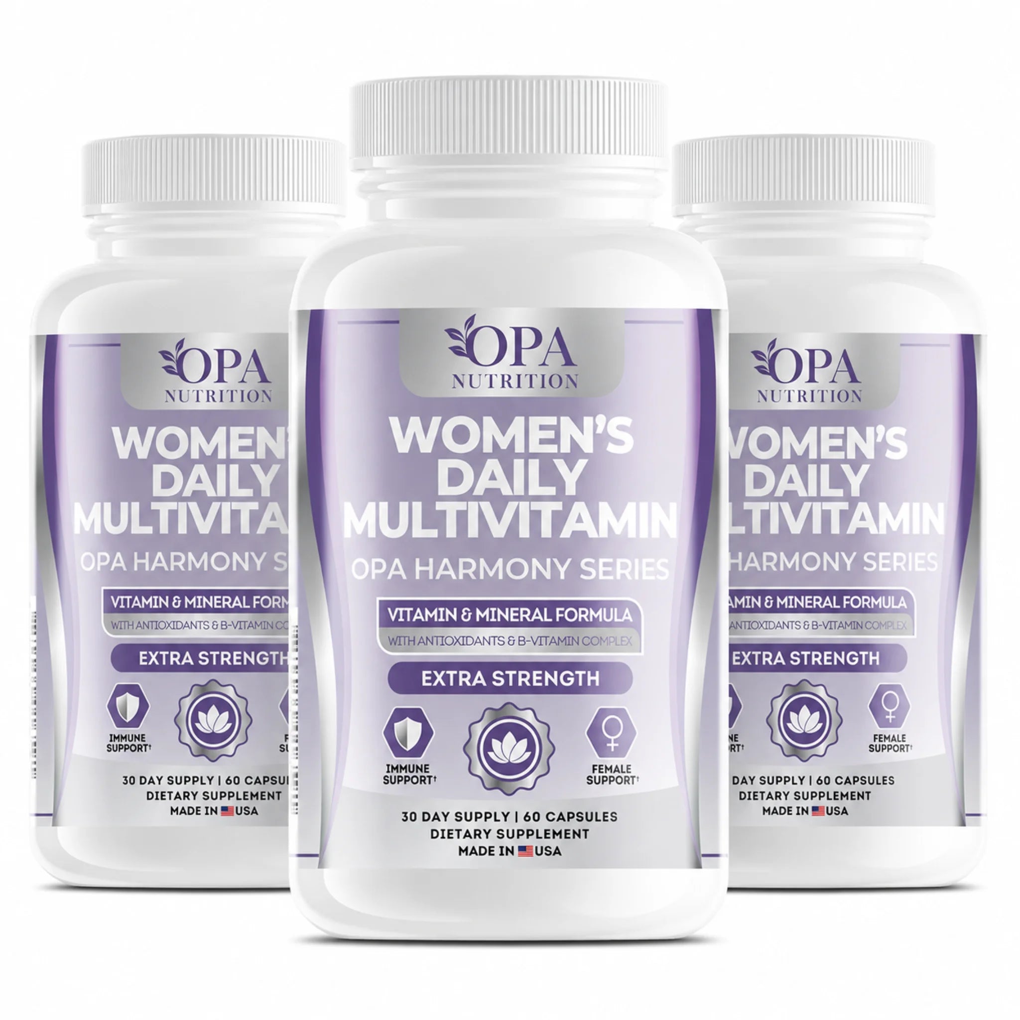 Three-pack of OPA Nutrition Women’s Daily Multivitamin bottles from the OPA Harmony Series featuring extra strength vitamin and mineral support for immune and female wellness