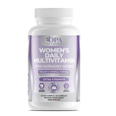 OPA Nutrition Women’s Daily Multivitamin front bottle from the OPA Harmony Series featuring a vitamin and mineral formula with antioxidants and B-vitamin complex, extra strength, 30 day supply, 60 capsules