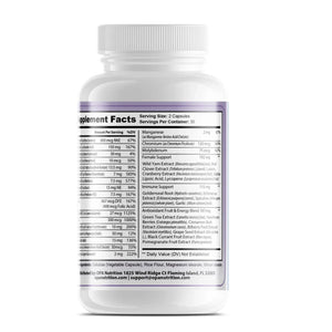 Supplement Facts label for OPA Nutrition Women’s Daily Multivitamin showing serving size of 2 capsules, 30 servings per container, vitamins, minerals, female support blend, immune support blend, and antioxidant fruit and energy blend