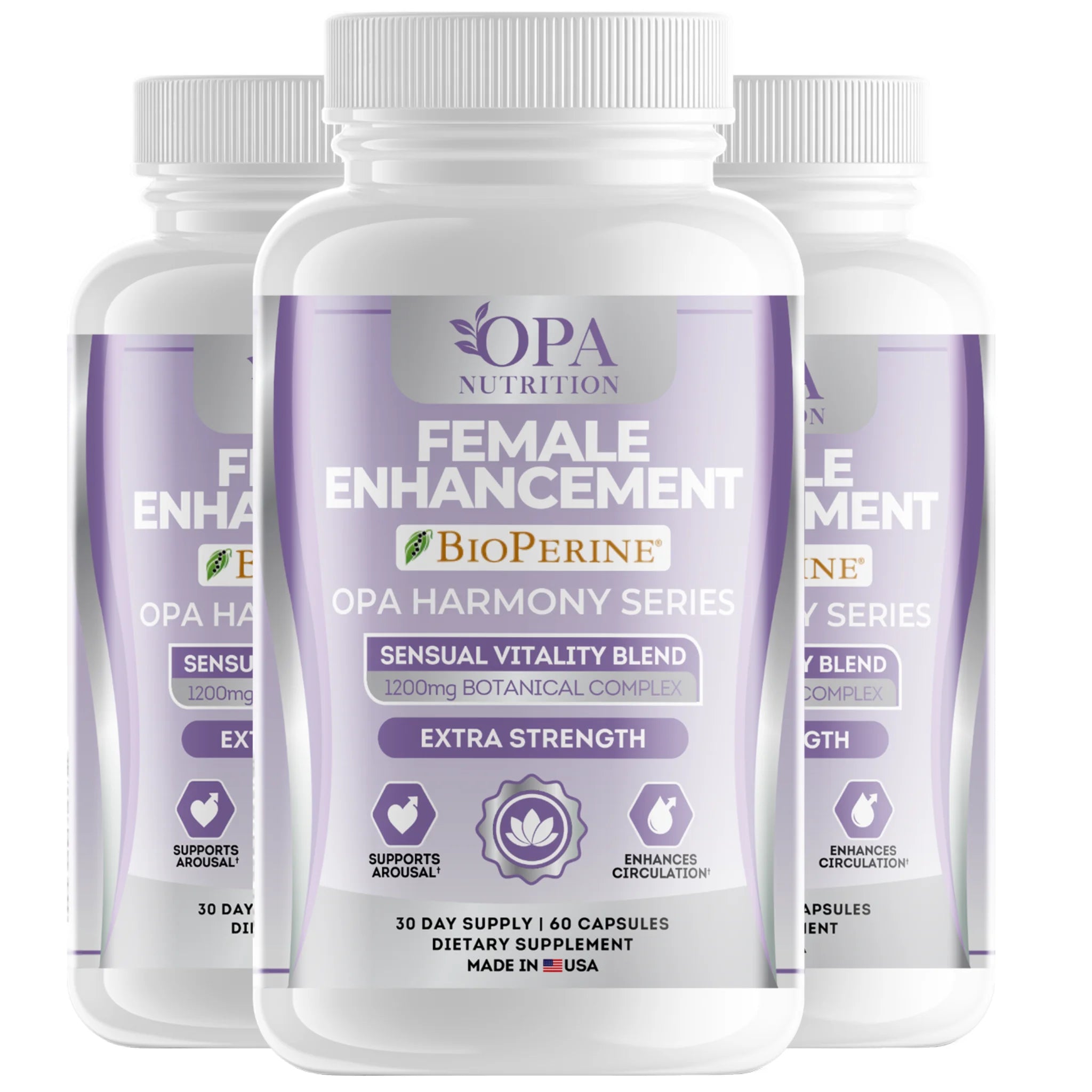 Three-pack of OPA Nutrition Women’s Vitality Support Harmony Series supplement bottles for women’s daily vitality and wellness support