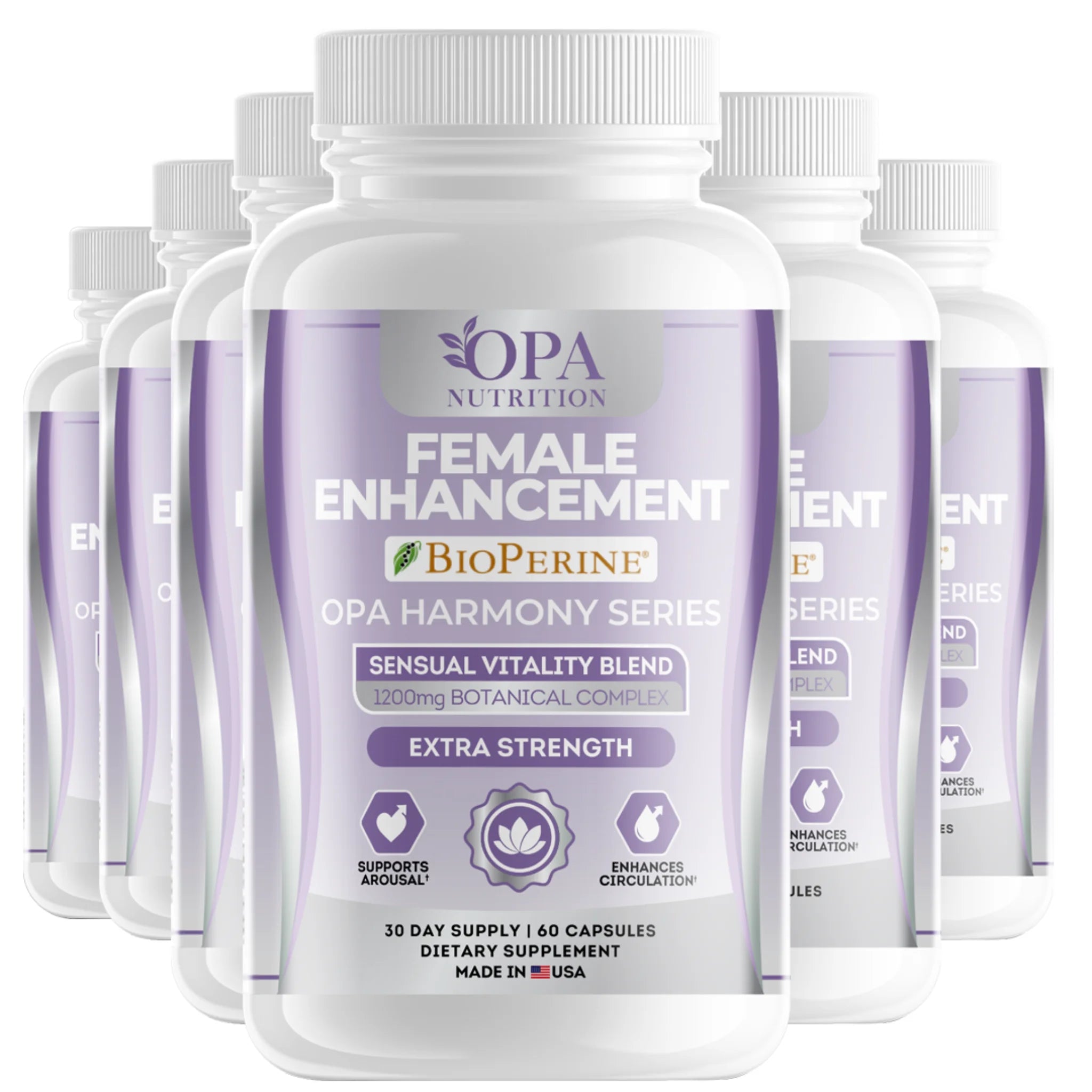 Six-pack of OPA Nutrition Women’s Vitality Support Harmony Series supplement bottles for women’s daily vitality and wellness support