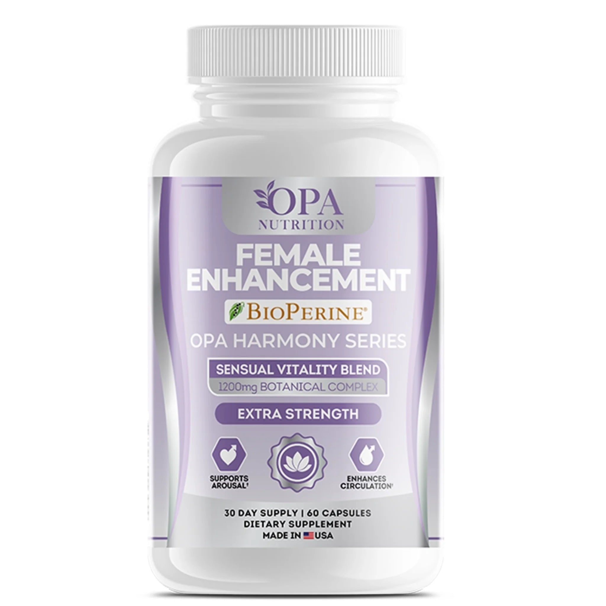 OPA Nutrition Women’s Vitality Support Harmony Series supplement bottle with BioPerine and sensual vitality blend