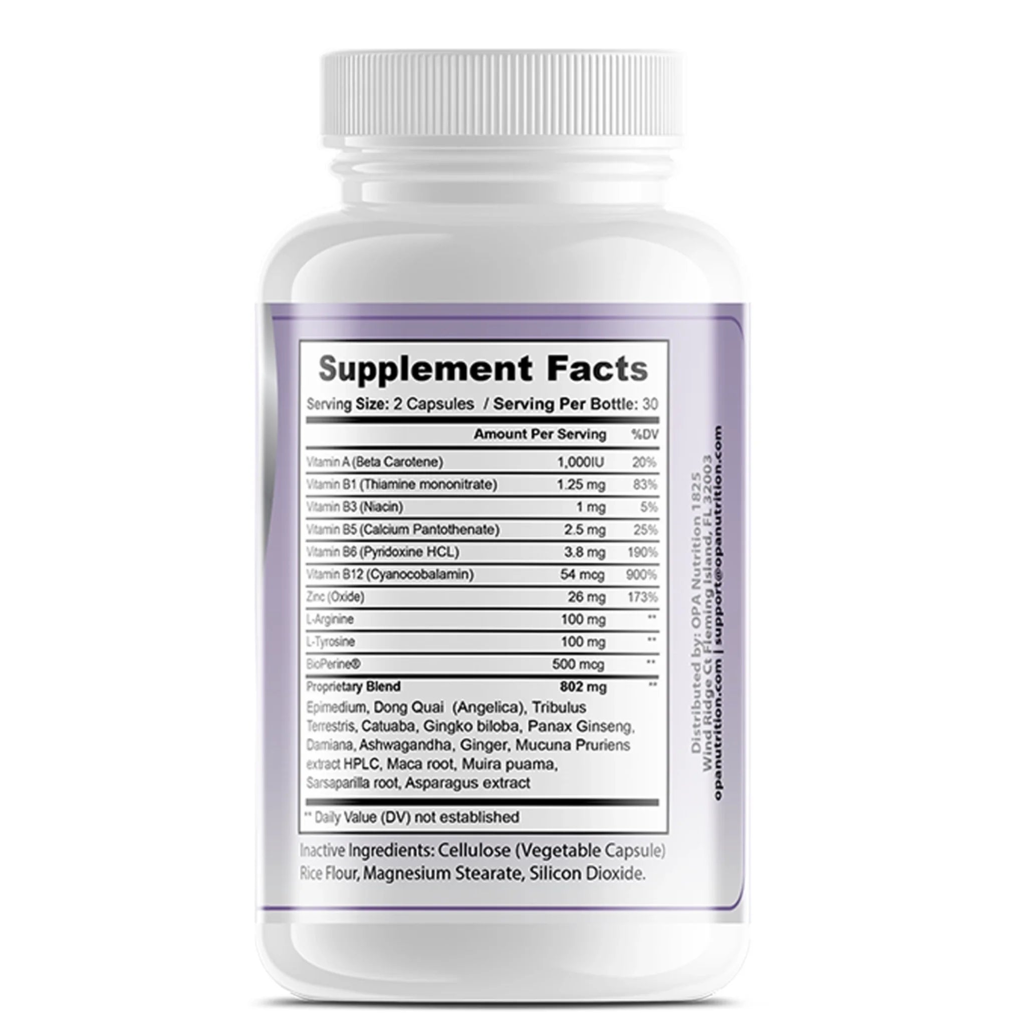 Supplement Facts label on OPA Nutrition Women’s Vitality Support Harmony Series supplement bottle