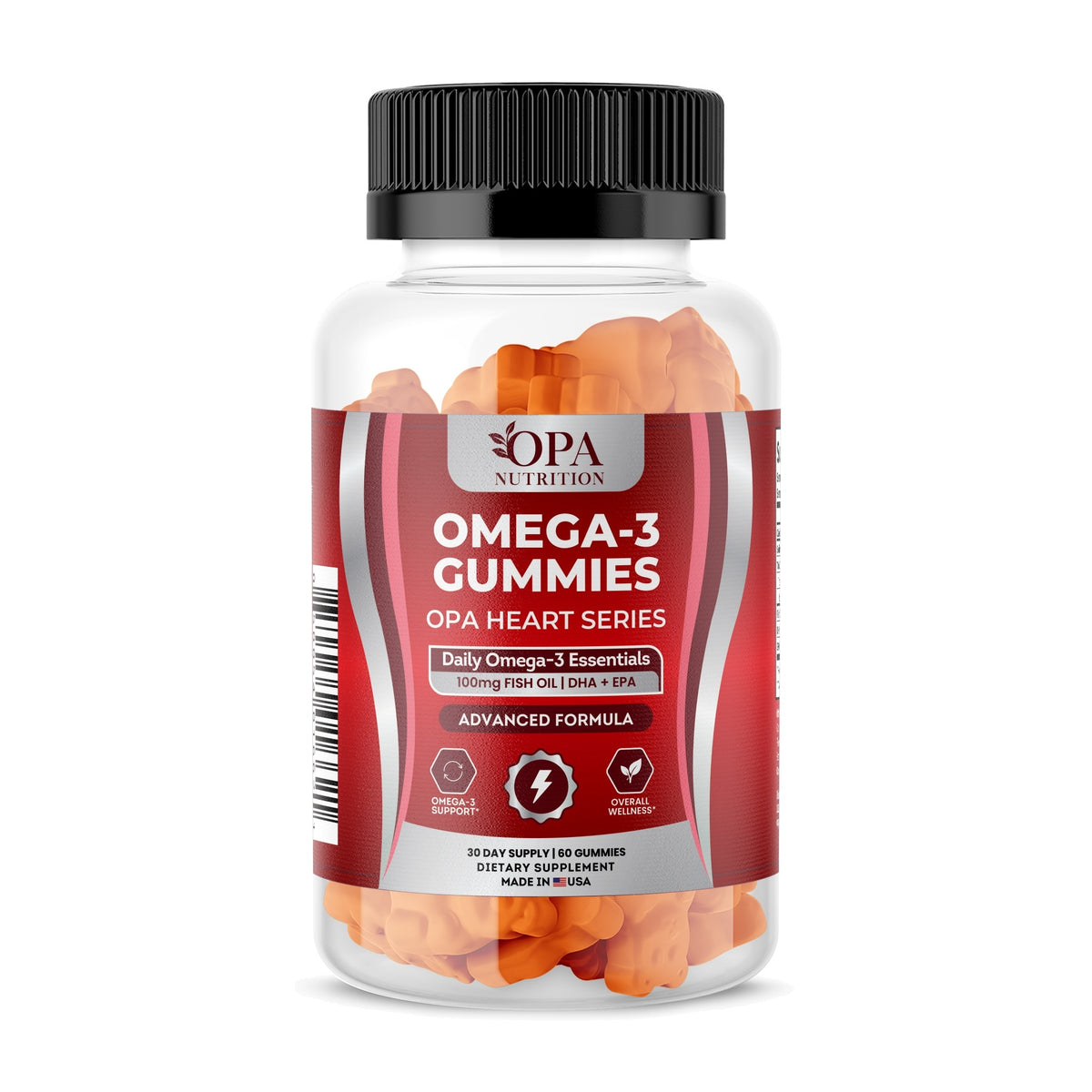OPA Nutrition Omega-3 Gummies bottle, front label with fish oil with DHA and EPA