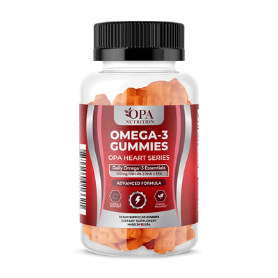OPA Nutrition Omega-3 Gummies bottle, front label with fish oil with DHA and EPA