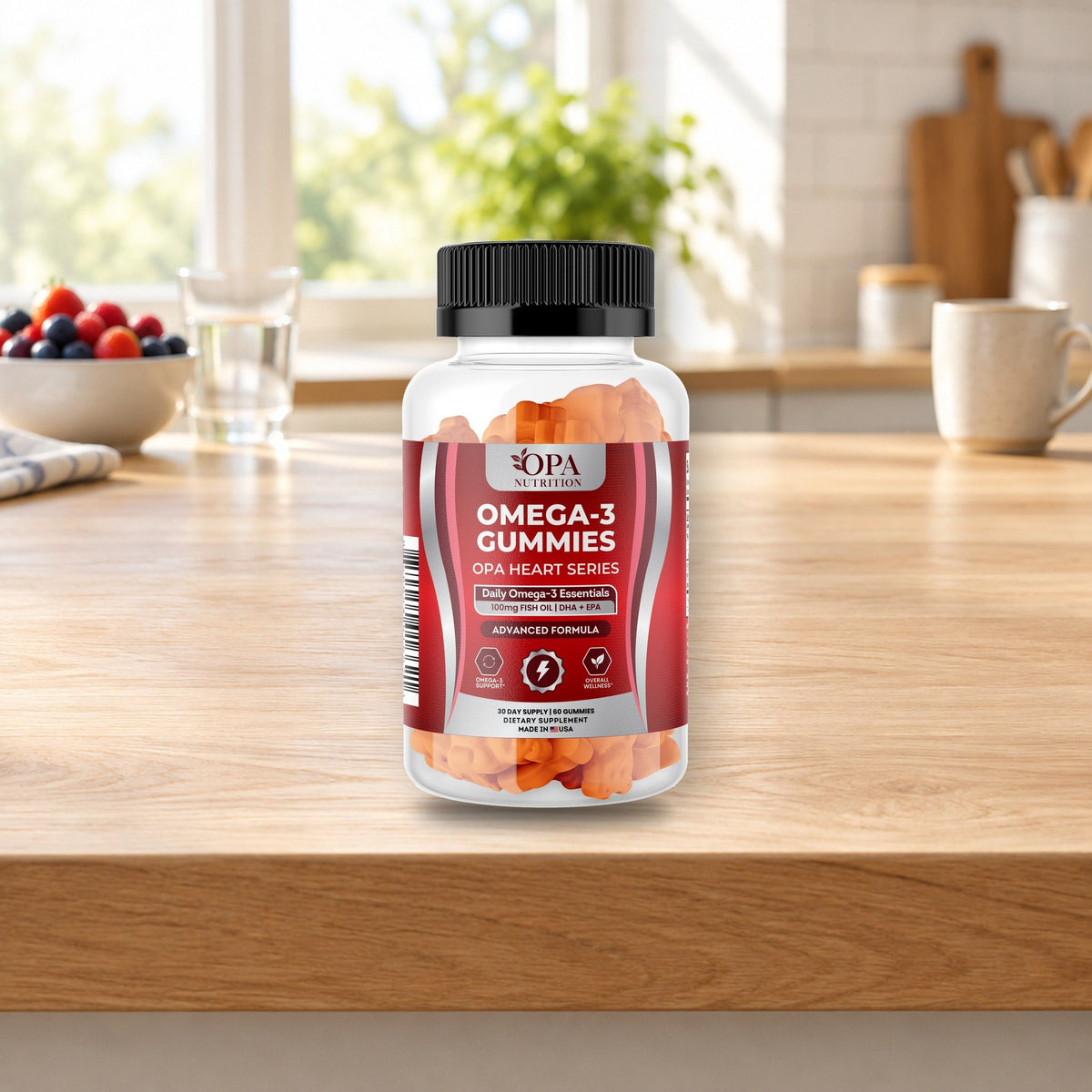 OPA Nutrition Omega-3 Gummies bottle in a daily routine setting