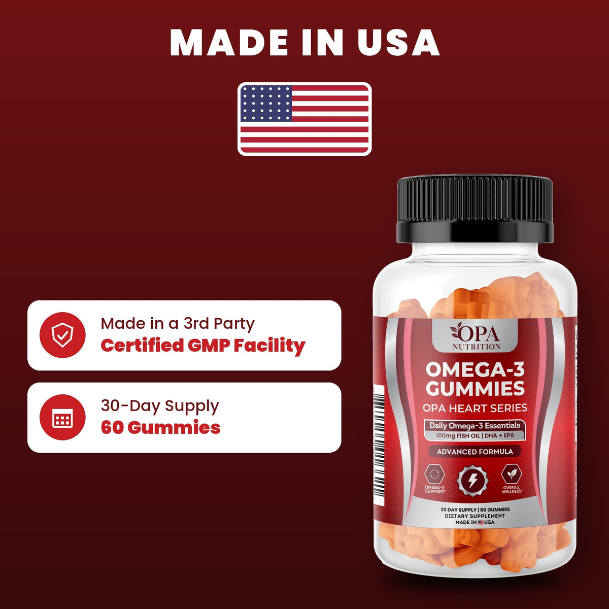 OPA Nutrition Omega-3 Gummies quality standards: made in a GMP facility, 30-day supply