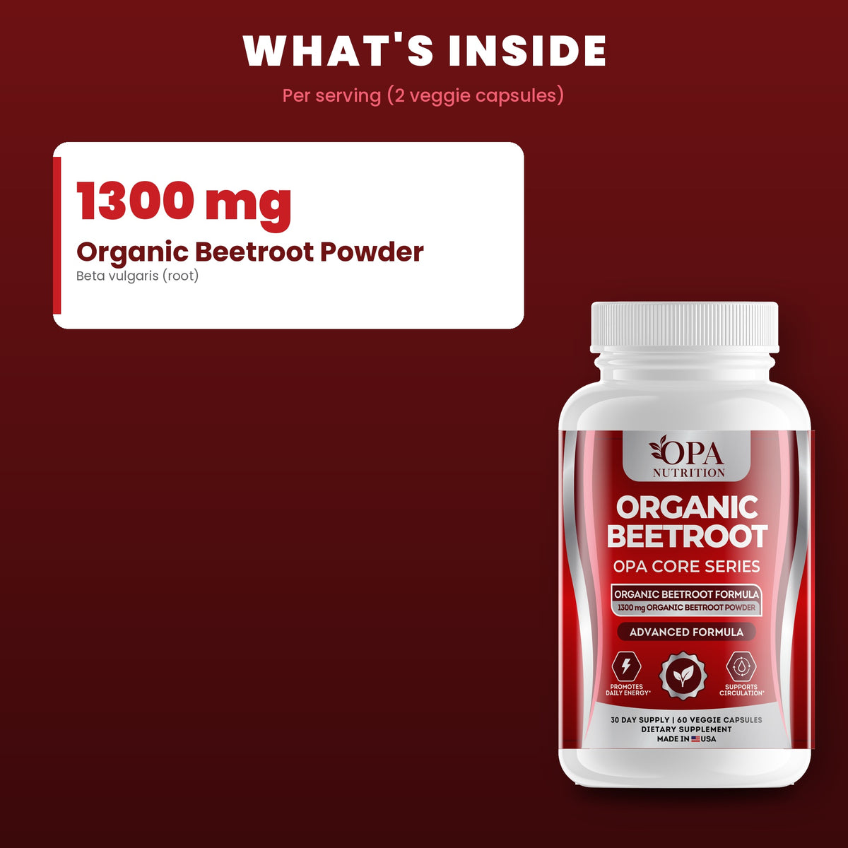 OPA Nutrition Organic Beetroot key ingredients: 1300 mg organic beetroot powder