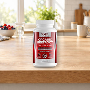 OPA Nutrition Organic Beetroot veggie capsules bottle in a daily routine setting