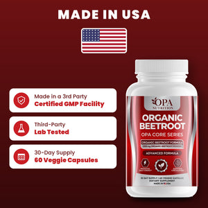 OPA Nutrition Organic Beetroot quality standards: made in a GMP facility, third-party lab tested, 30-day supply