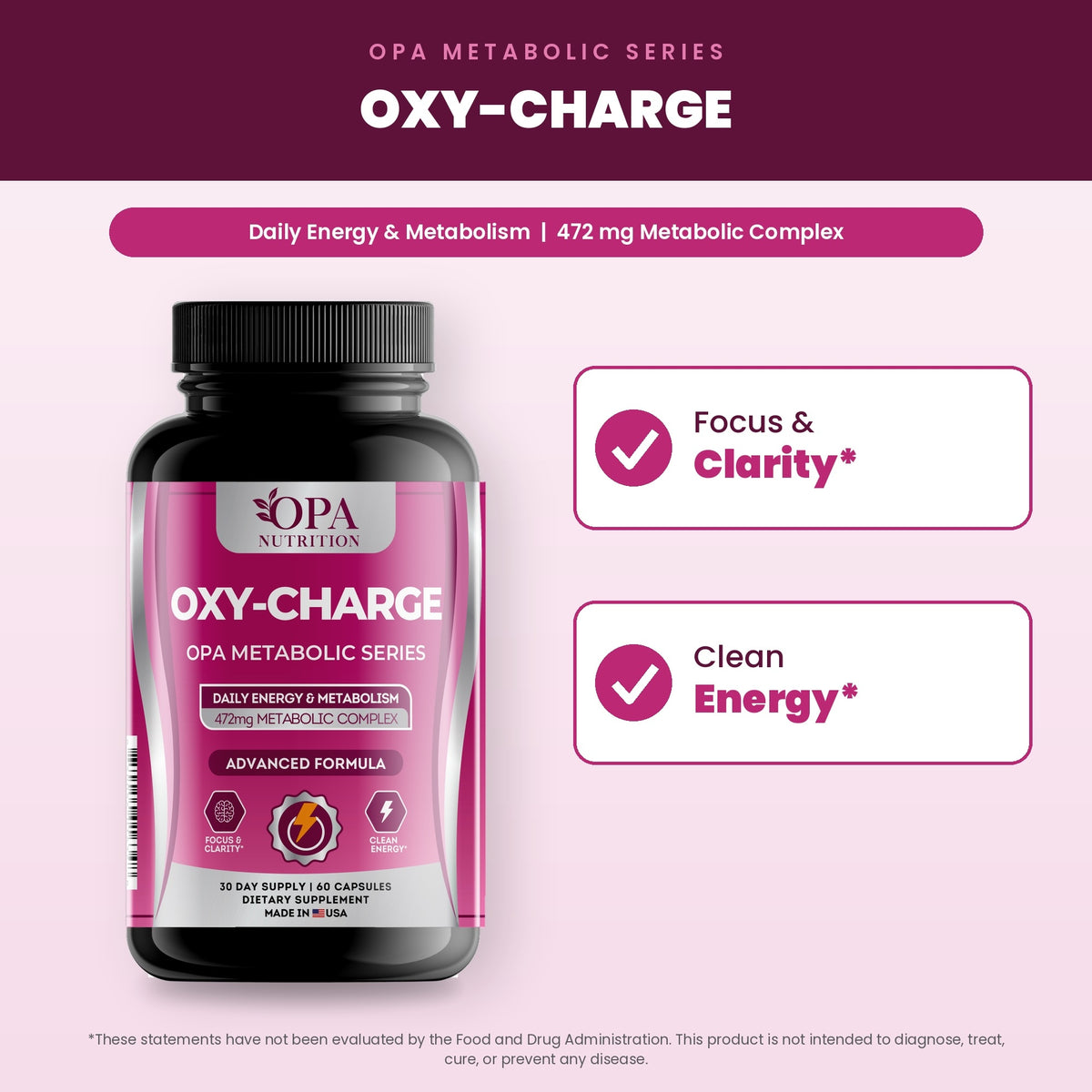 OPA Nutrition Oxy-Charge benefits graphic: focus & clarity and clean energy