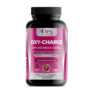 OPA Nutrition Oxy-Charge capsules bottle, front label with caffeine, glucomannan and green tea extract