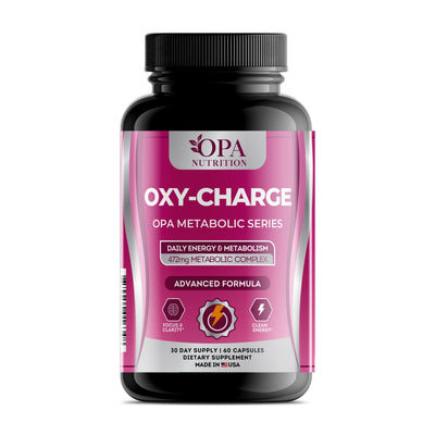 OPA Nutrition Oxy-Charge capsules bottle, front label with caffeine, glucomannan and green tea extract