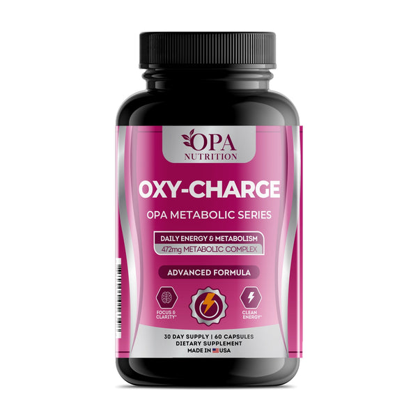 OPA Nutrition Oxy-Charge capsules bottle, front label with caffeine, glucomannan and green tea extract