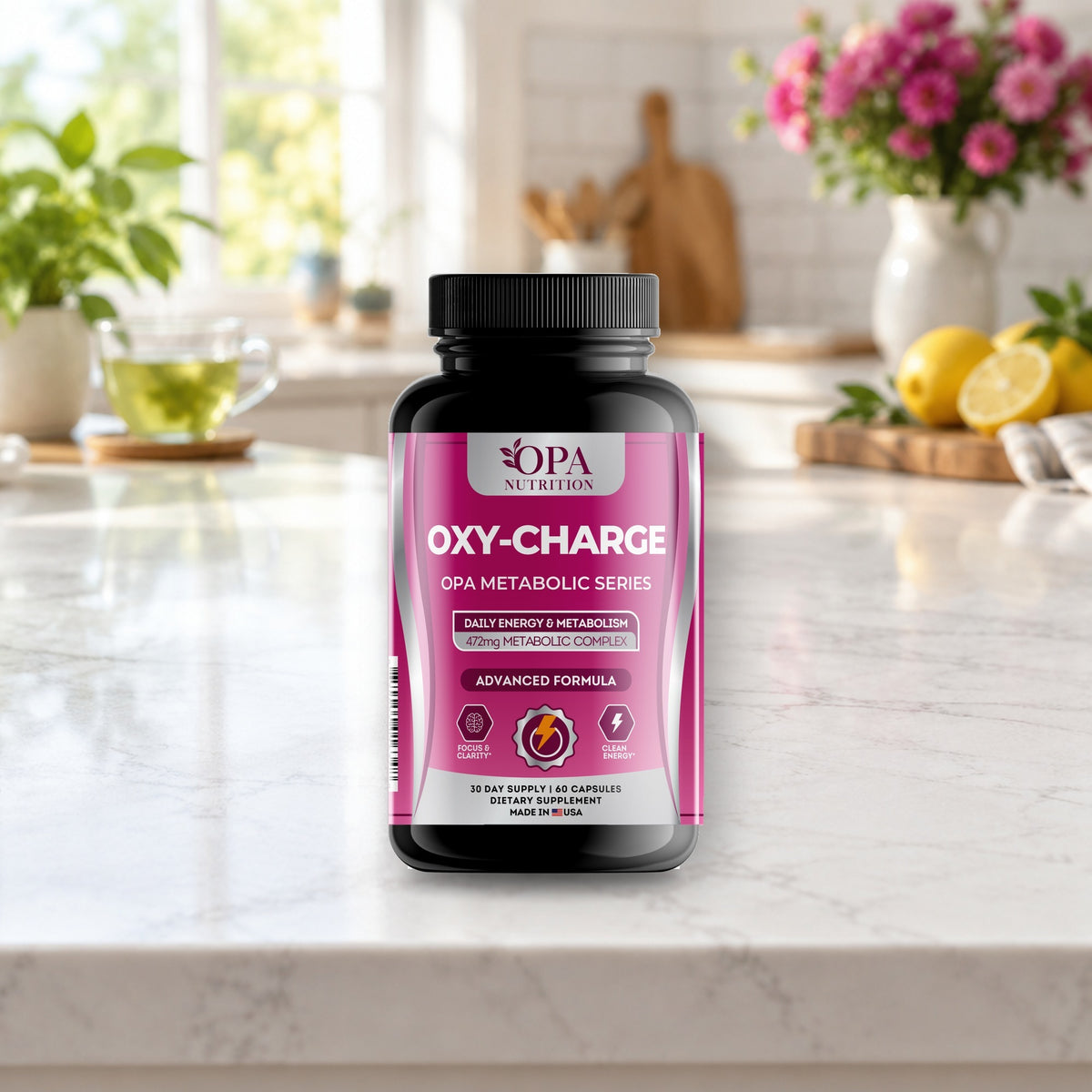 OPA Nutrition Oxy-Charge capsules bottle in a daily routine setting