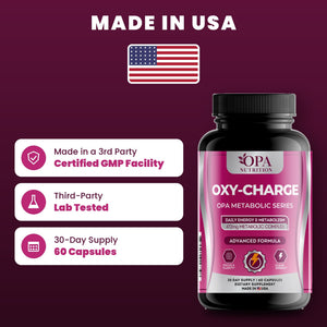OPA Nutrition Oxy-Charge quality standards: made in a GMP facility, third-party lab tested, 30-day supply