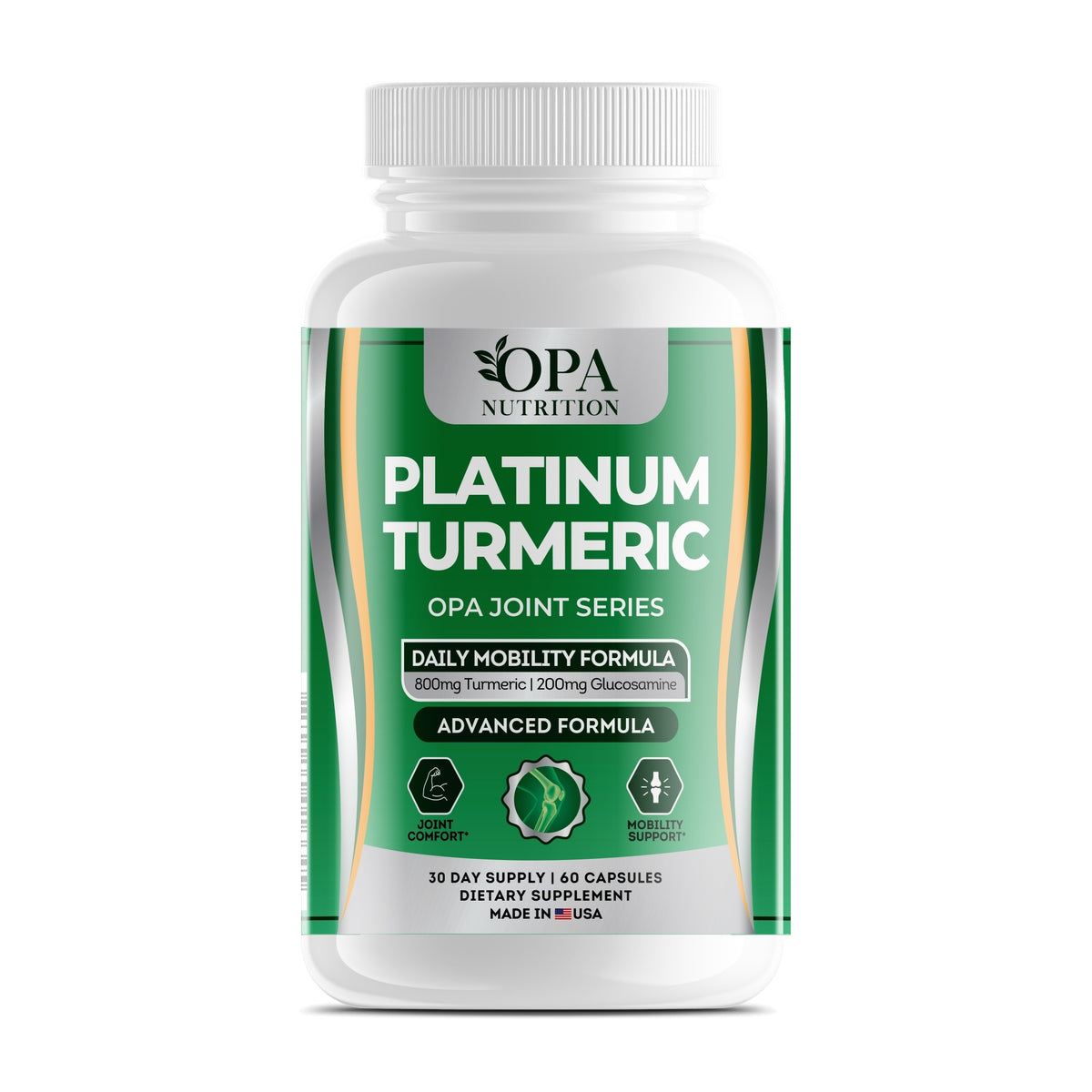 OPA Nutrition Platinum Turmeric capsules bottle, front label with turmeric root and glucosamine
