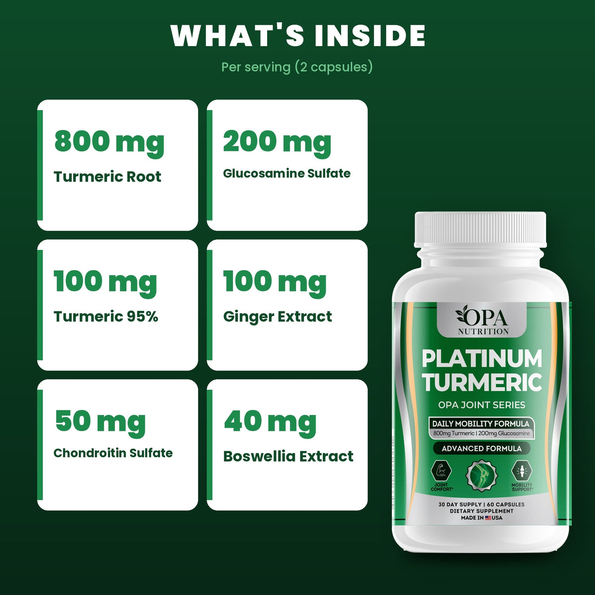 OPA Nutrition Platinum Turmeric key ingredients: turmeric root and glucosamine