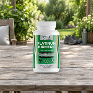 OPA Nutrition Platinum Turmeric capsules bottle in a daily routine setting