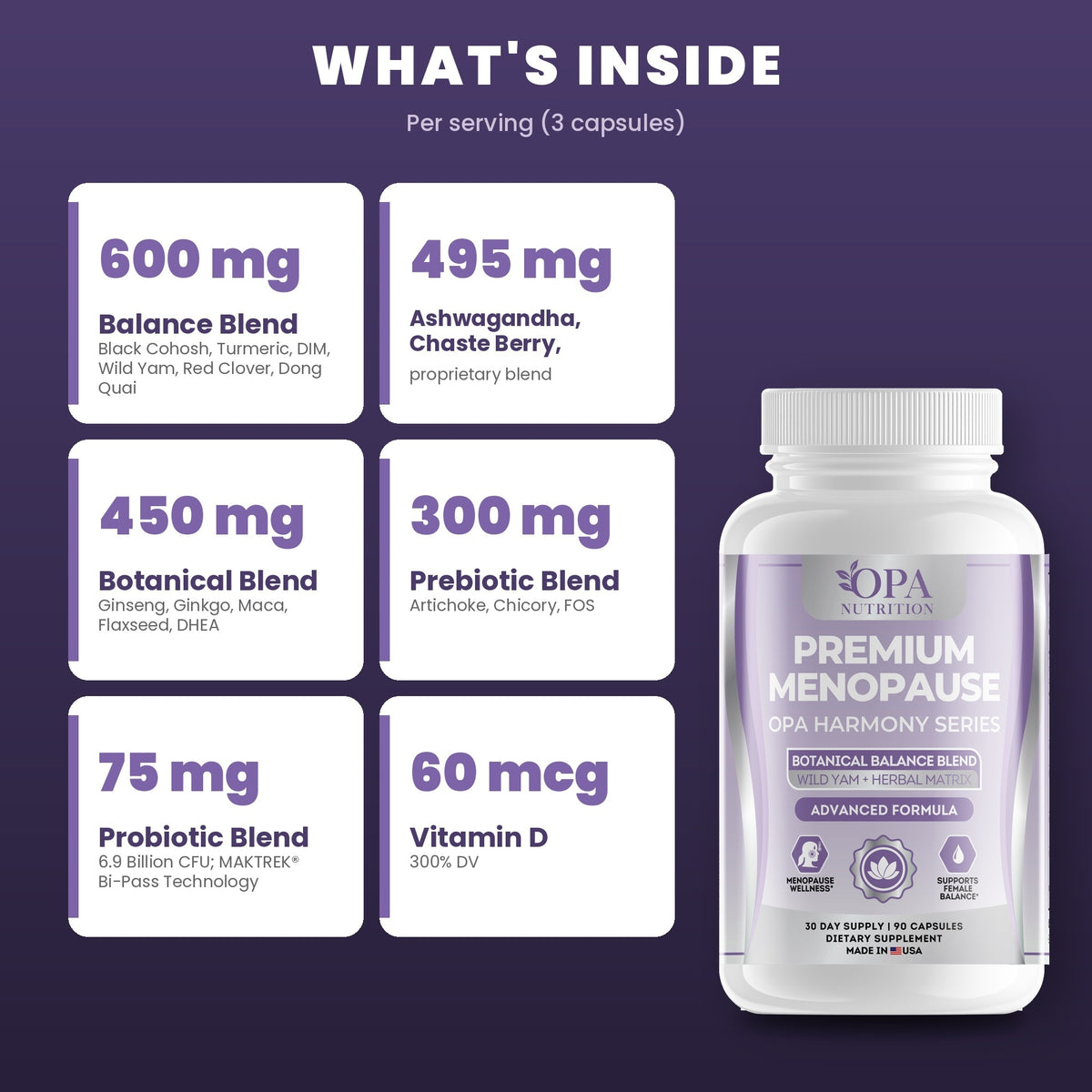 OPA Nutrition Women’s Daily Balance key ingredients: wild yam botanical blend