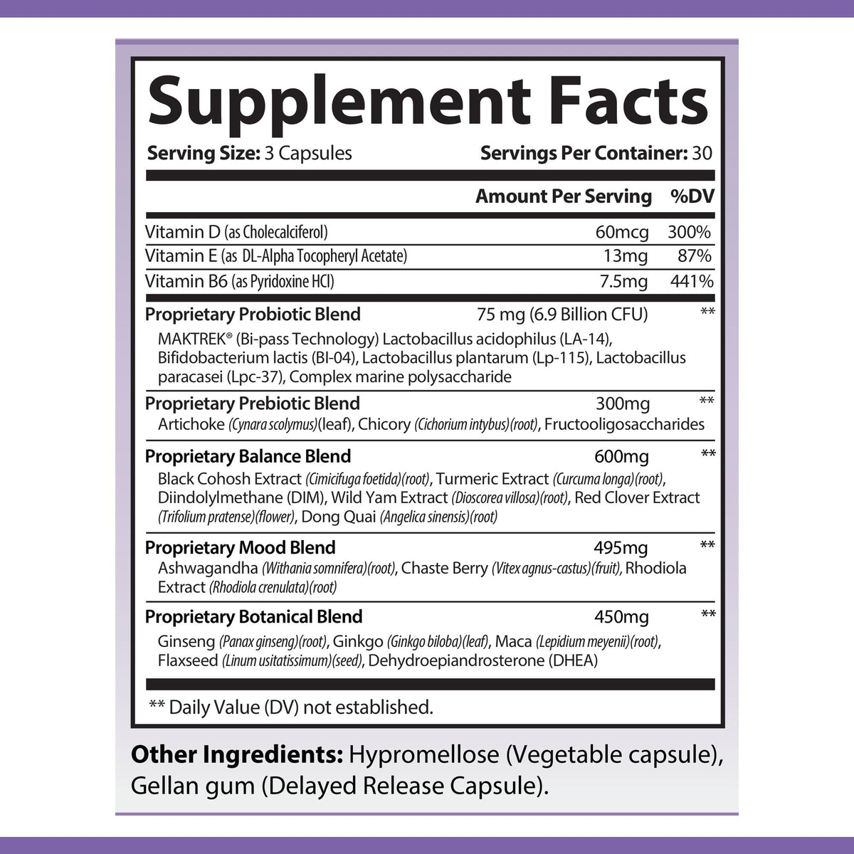 OPA Nutrition Women’s Daily Balance Supplement Facts panel showing serving size and amounts per serving