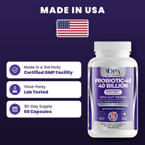 OPA Nutrition Probiotic-40 quality standards: made in a GMP facility, third-party lab tested, 30-day supply