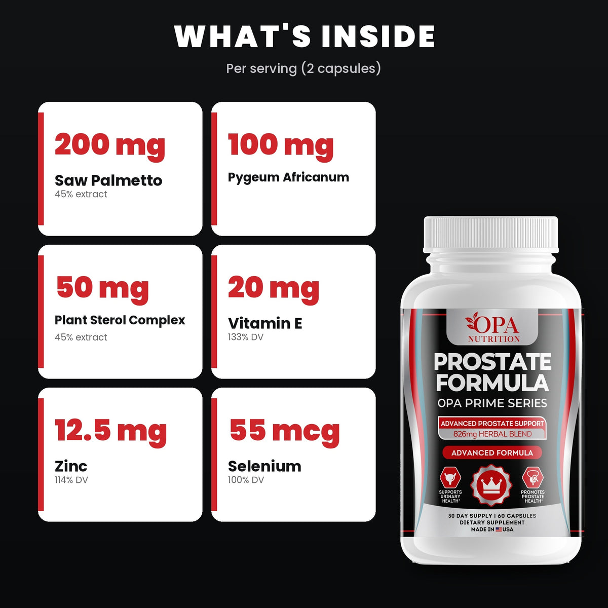 OPA Nutrition Prostate Formula key ingredients: saw palmetto and pygeum
