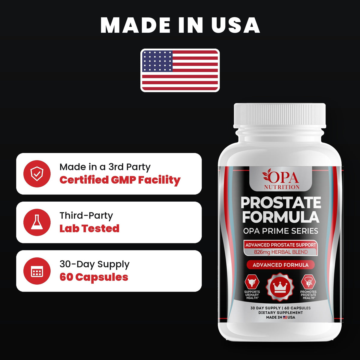 OPA Nutrition Prostate Formula quality standards: made in a GMP facility, third-party lab tested, 30-day supply