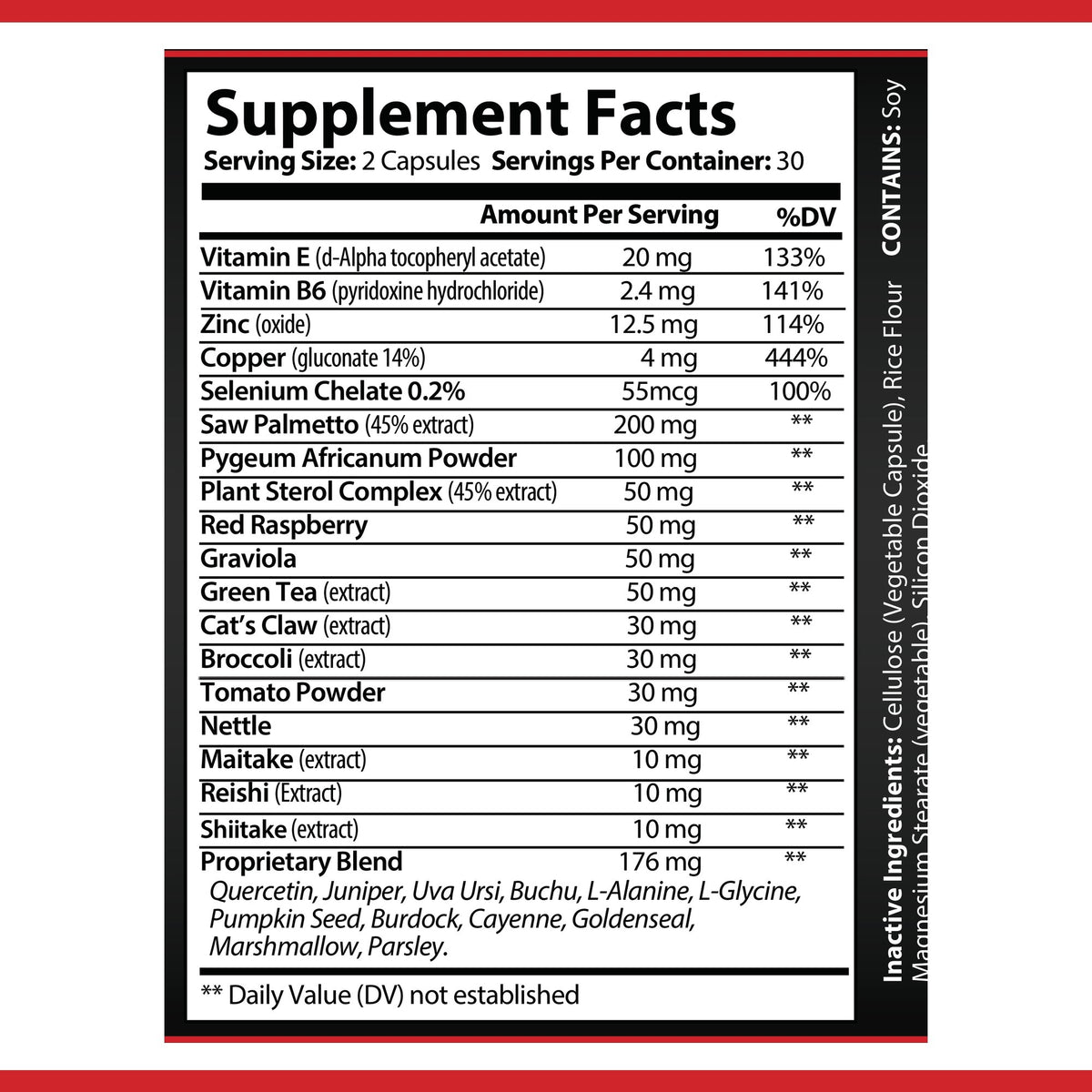 OPA Nutrition Prostate Formula Supplement Facts panel showing serving size and amounts per serving