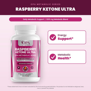 OPA Nutrition Raspberry Ketone Ultra benefits graphic: energy support and metabolic health