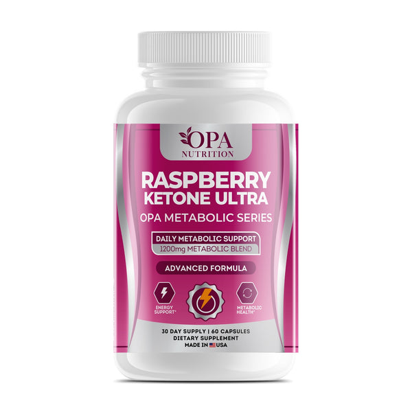 OPA Nutrition Raspberry Ketone Ultra capsules bottle, front label with raspberry ketones and African mango