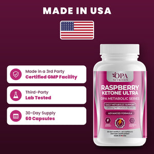 OPA Nutrition Raspberry Ketone Ultra quality standards: made in a GMP facility, third-party lab tested, 30-day supply