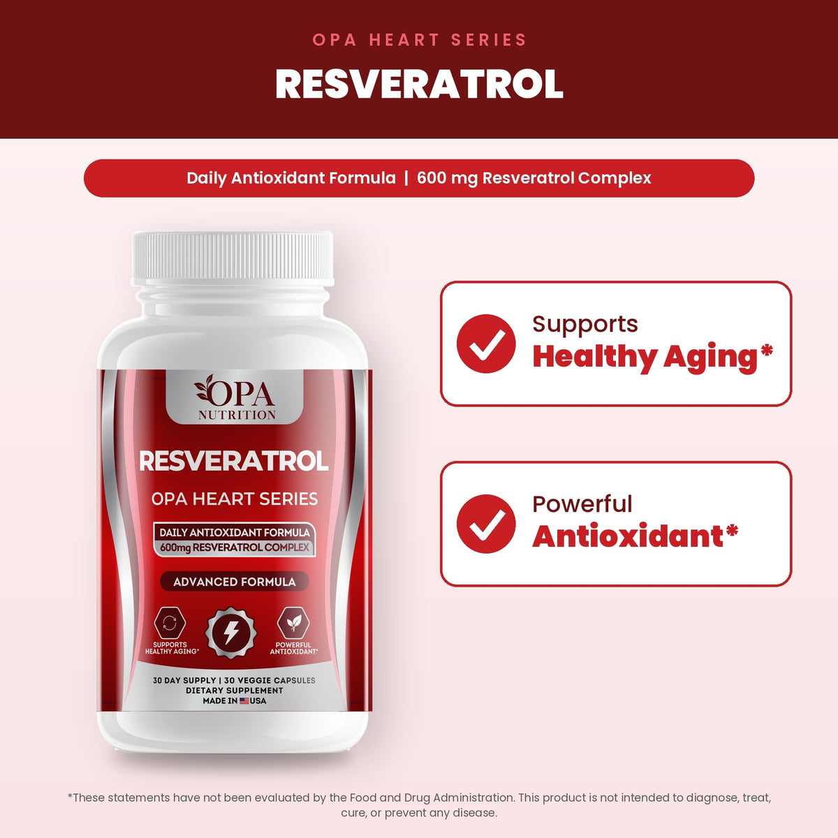 OPA Nutrition Resveratrol benefits graphic: supports healthy aging and powerful antioxidant