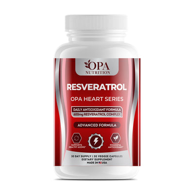OPA Nutrition Resveratrol veggie capsules bottle, front label with 600 mg resveratrol complex