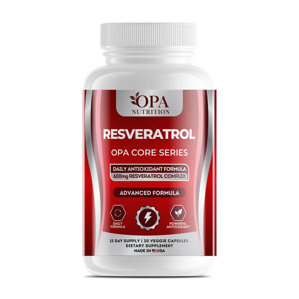 OPA Nutrition Resveratrol veggie capsules bottle, front label with 600 mg resveratrol complex