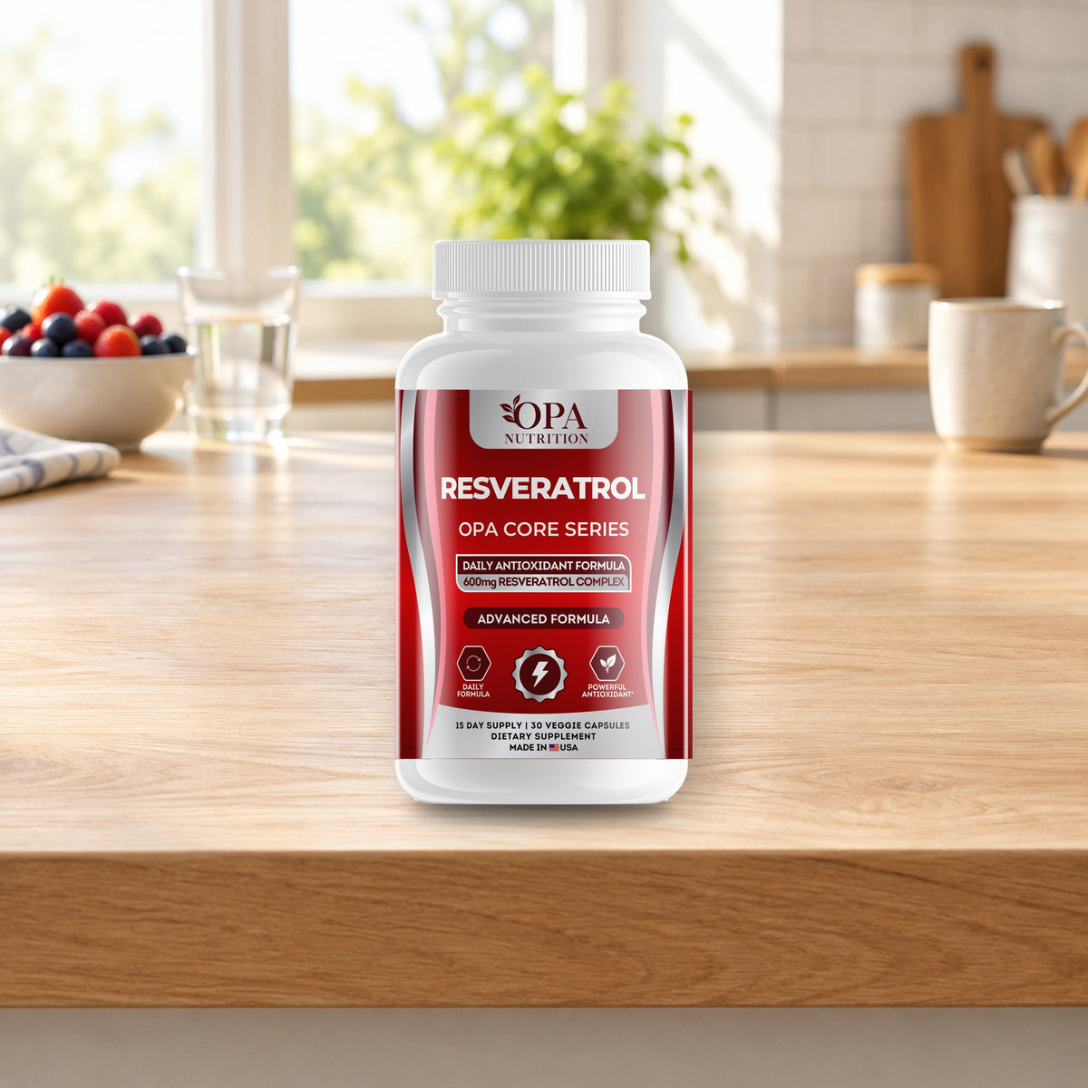 OPA Nutrition Resveratrol veggie capsules bottle in a daily routine setting