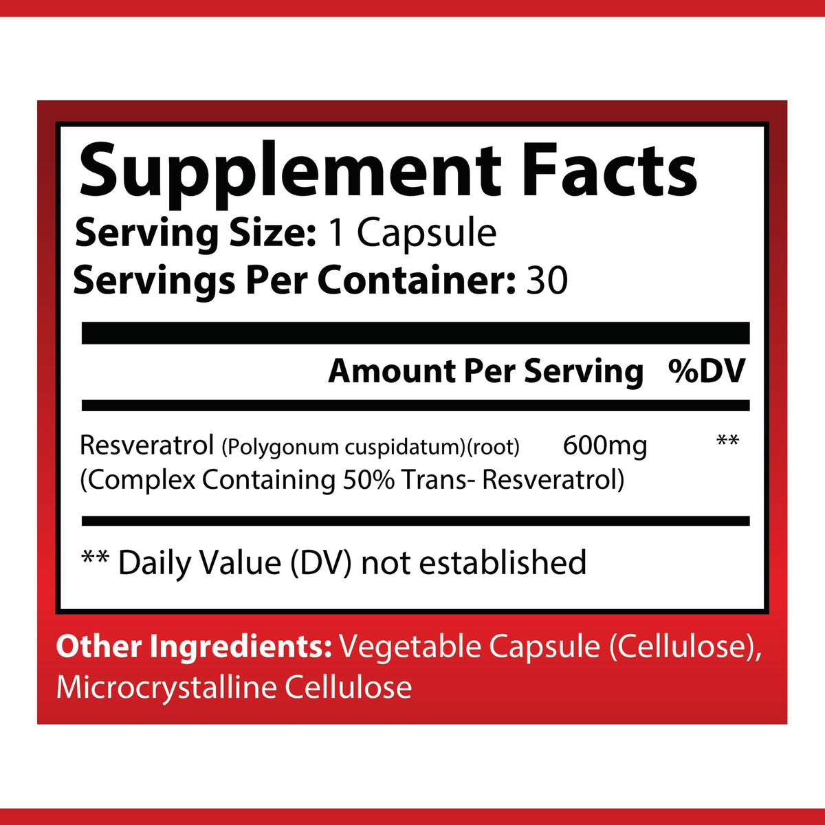 OPA Nutrition Resveratrol Supplement Facts panel showing serving size and amounts per serving