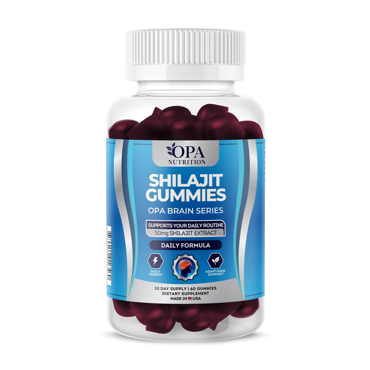 OPA Nutrition Shilajit Gummies gummies bottle, front label with shilajit and ashwagandha extracts